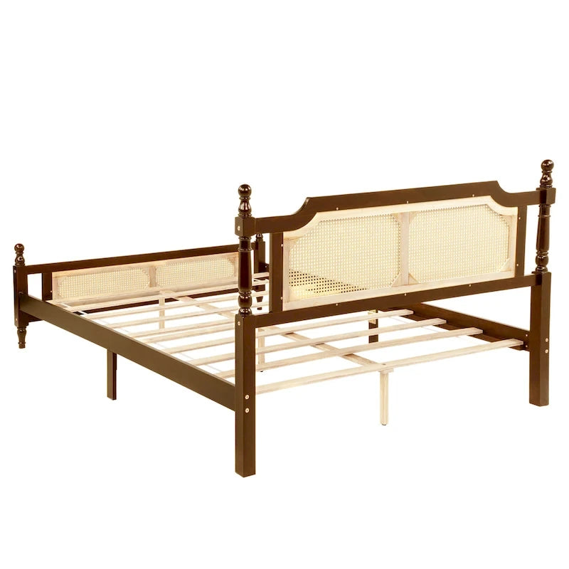 Lit plateforme queen en bois de pin rustique noyer avec tête et pied de lit en rotin tressé, rangement sous le lit, 2 personnes