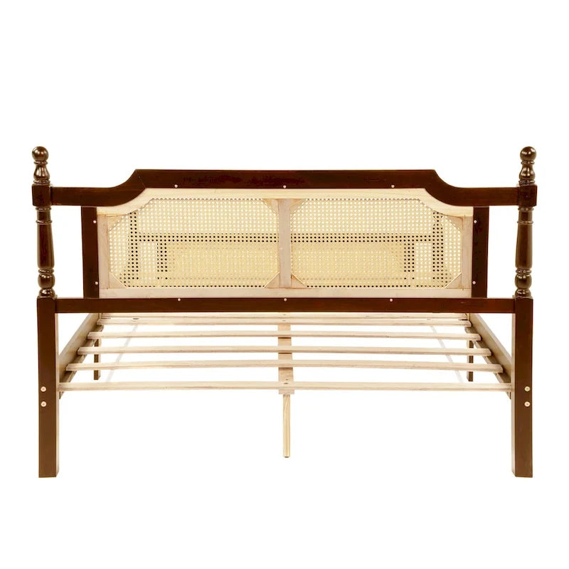 Lit plateforme queen en bois de pin rustique noyer avec tête et pied de lit en rotin tressé, rangement sous le lit, 2 personnes