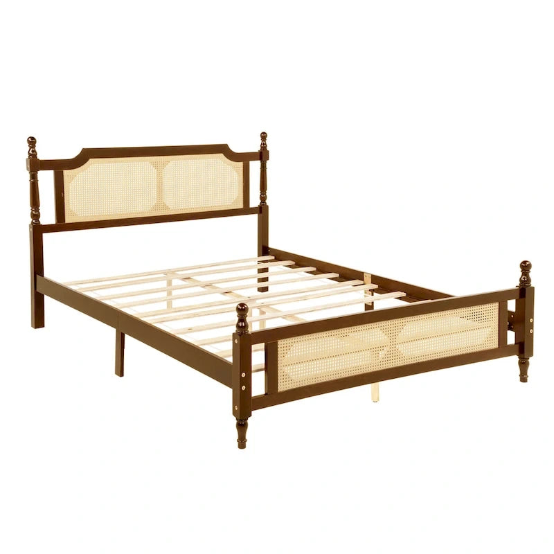 Lit plateforme queen en bois de pin rustique noyer avec tête et pied de lit en rotin tressé, rangement sous le lit, 2 personnes