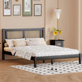 Lit plateforme en rotin naturel noir/blanc avec lattes en bois, style bohème, grand lit/très grand lit, 2 personnes