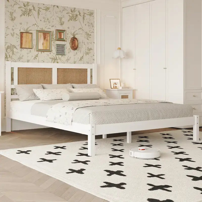 Lit plateforme en rotin naturel noir/blanc avec lattes en bois, style bohème, grand lit/très grand lit, 2 personnes
