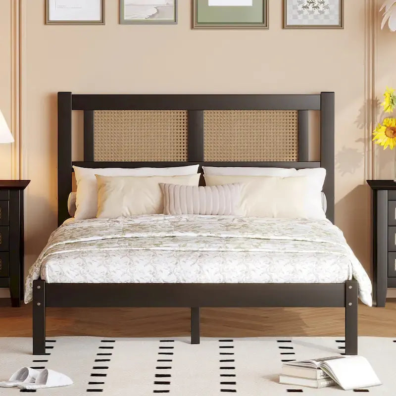 Lit plateforme en rotin naturel noir/blanc avec lattes en bois, style bohème, grand lit/très grand lit, 2 personnes