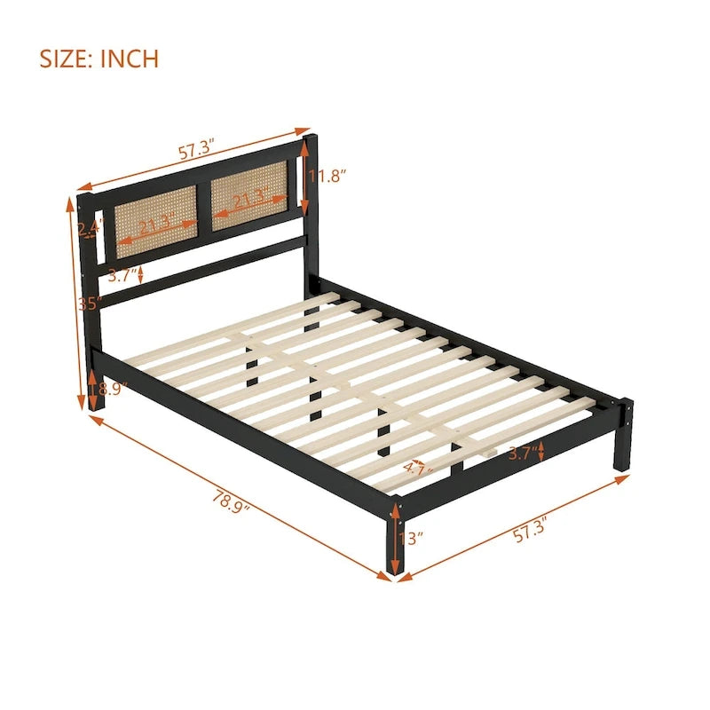 Lit plateforme en rotin naturel noir/blanc avec lattes en bois, style bohème, grand lit/très grand lit, 2 personnes
