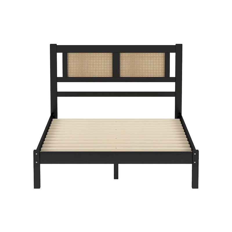 Lit plateforme en rotin naturel noir/blanc avec lattes en bois, style bohème, grand lit/très grand lit, 2 personnes