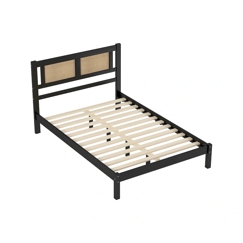 Lit plateforme en rotin naturel noir/blanc avec lattes en bois, style bohème, grand lit/très grand lit, 2 personnes