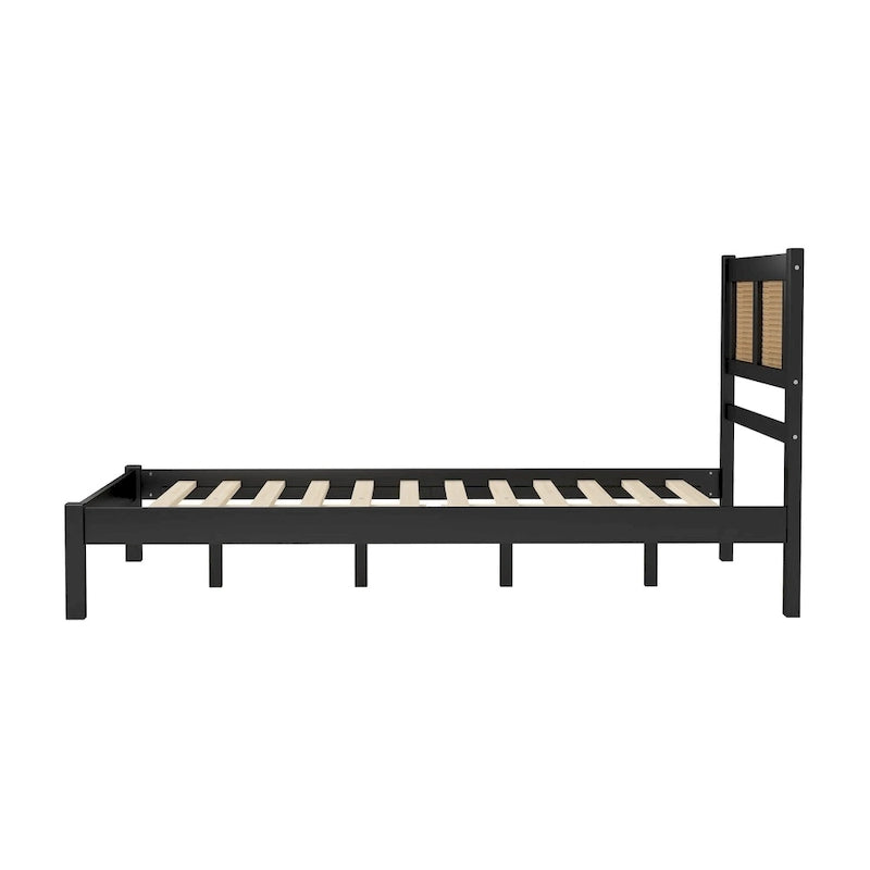 Lit plateforme en rotin naturel noir/blanc avec lattes en bois, style bohème, grand lit/très grand lit, 2 personnes