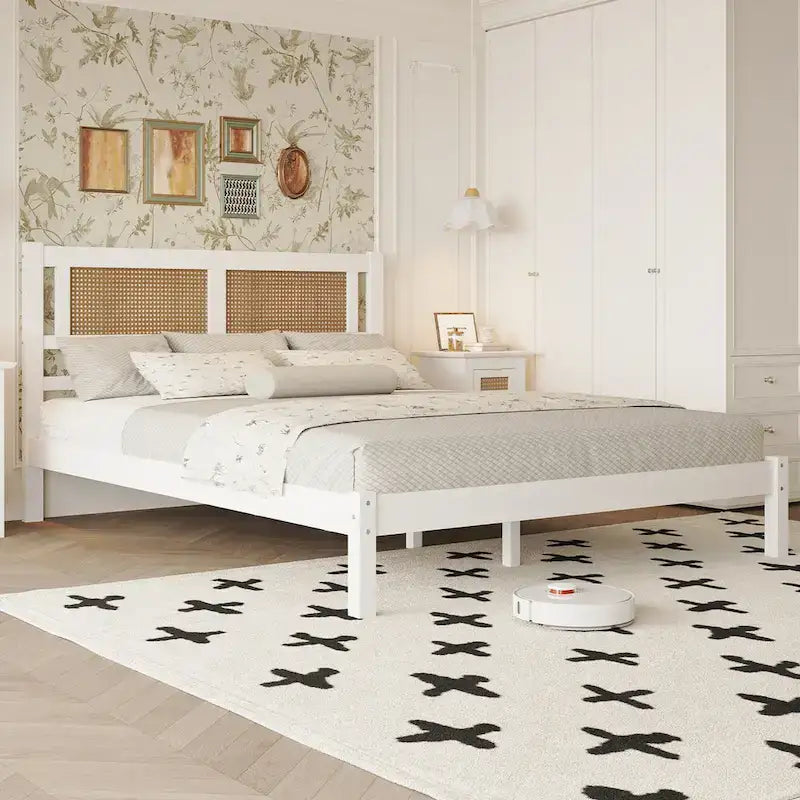 Lit plateforme en rotin naturel noir/blanc avec lattes en bois, style bohème, grand lit/très grand lit, 2 personnes