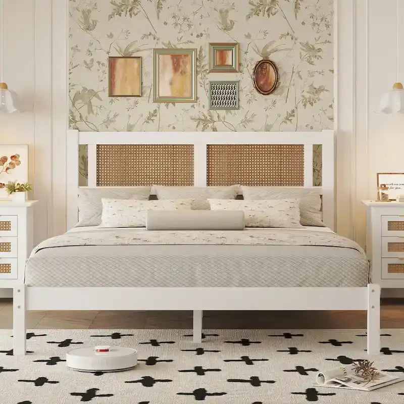 Lit plateforme en rotin naturel noir/blanc avec lattes en bois, style bohème, grand lit/très grand lit, 2 personnes