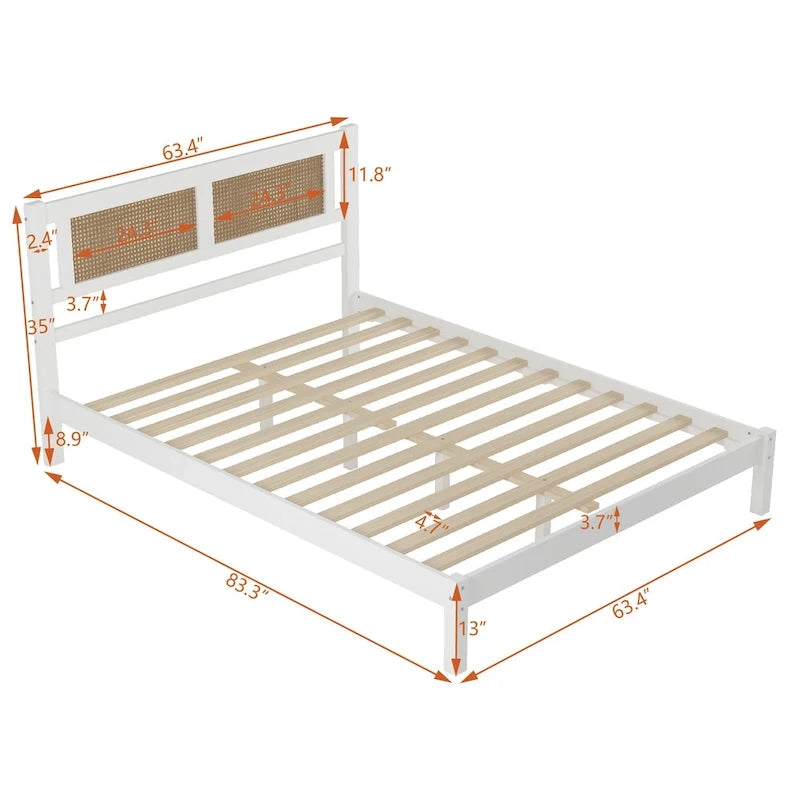 Lit plateforme en rotin naturel noir/blanc avec lattes en bois, style bohème, grand lit/très grand lit, 2 personnes