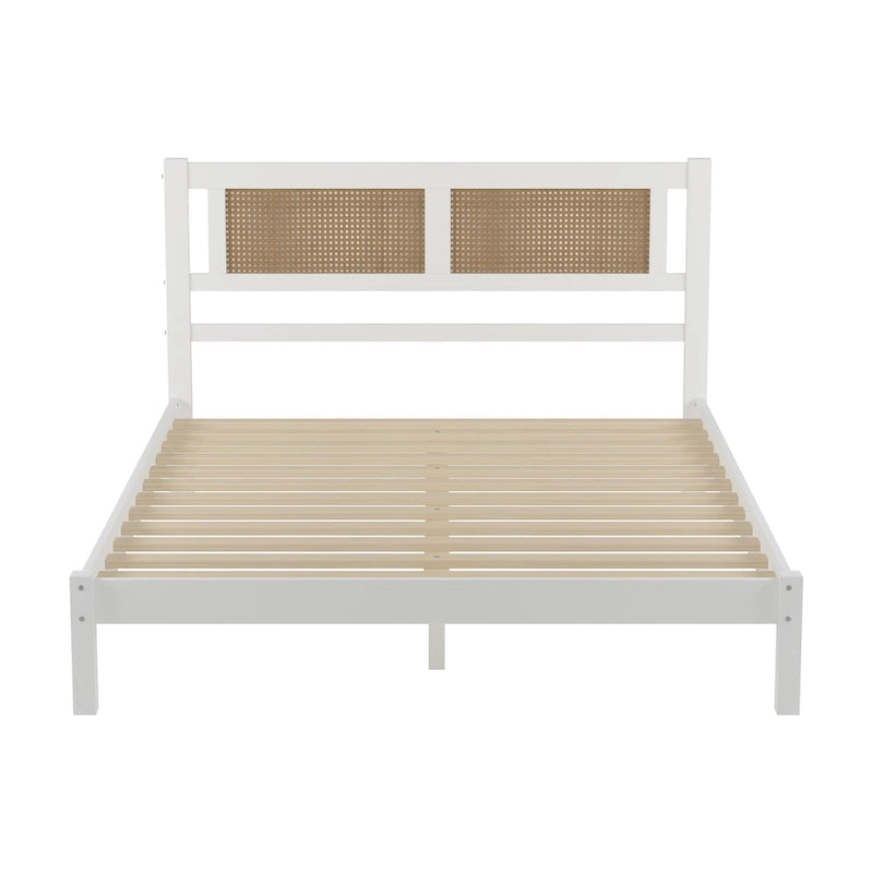 Lit plateforme en rotin naturel noir/blanc avec lattes en bois, style bohème, grand lit/très grand lit, 2 personnes