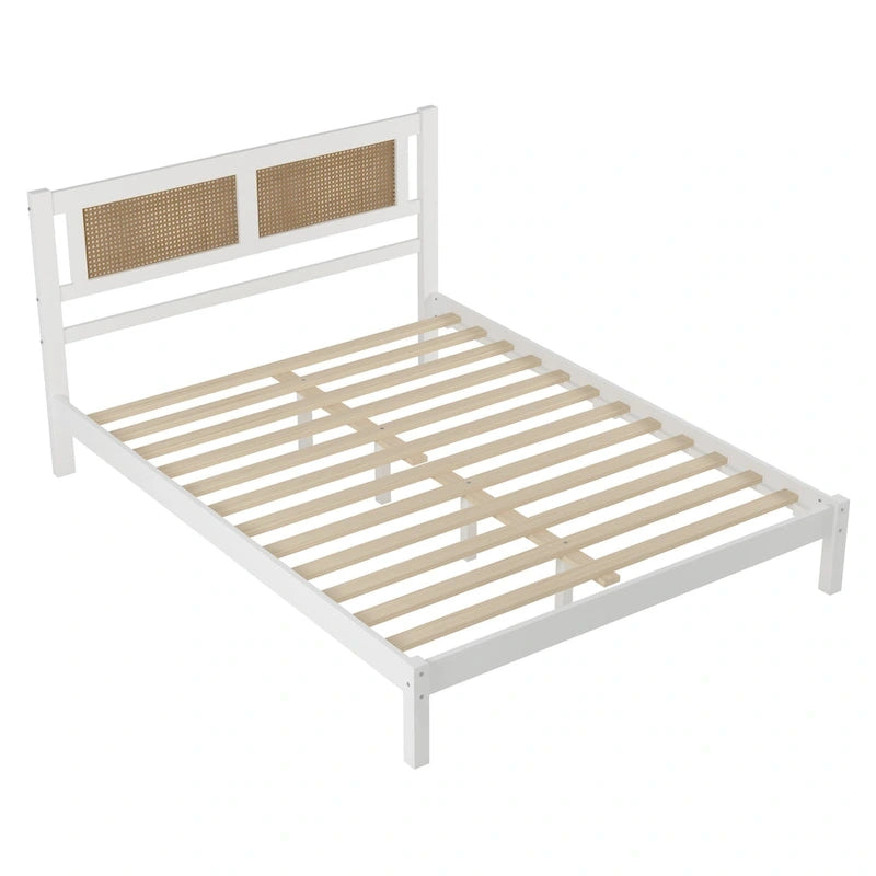 Lit plateforme en rotin naturel noir/blanc avec lattes en bois, style bohème, grand lit/très grand lit, 2 personnes