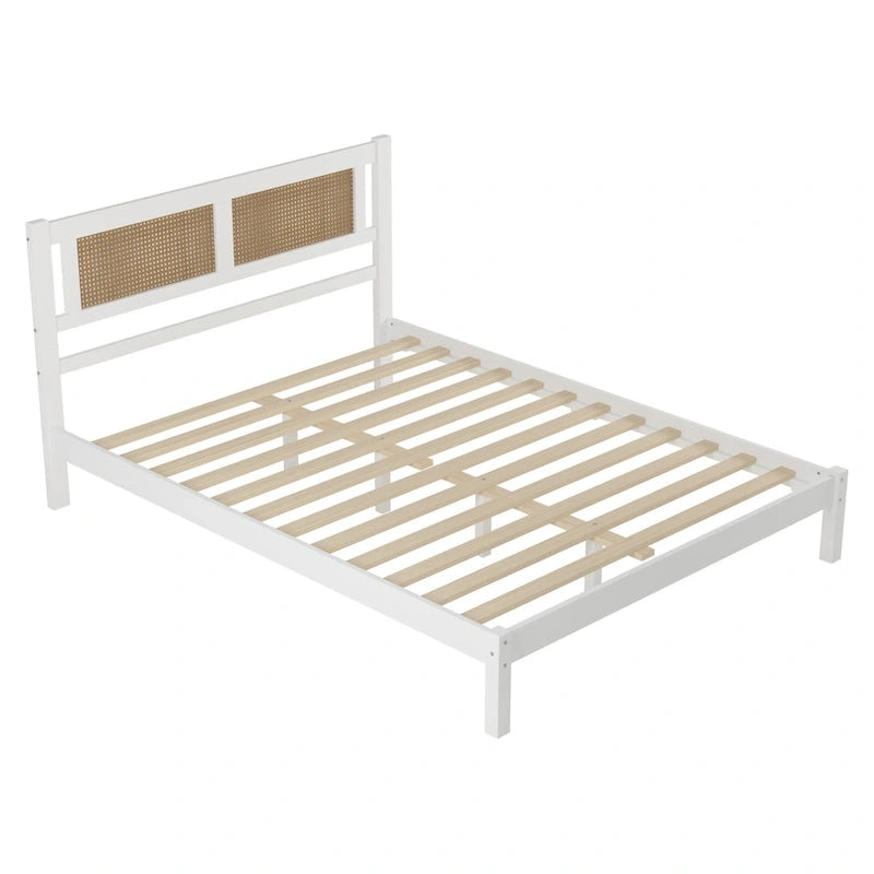 Lit plateforme en rotin naturel noir/blanc avec lattes en bois, style bohème, grand lit/très grand lit, 2 personnes