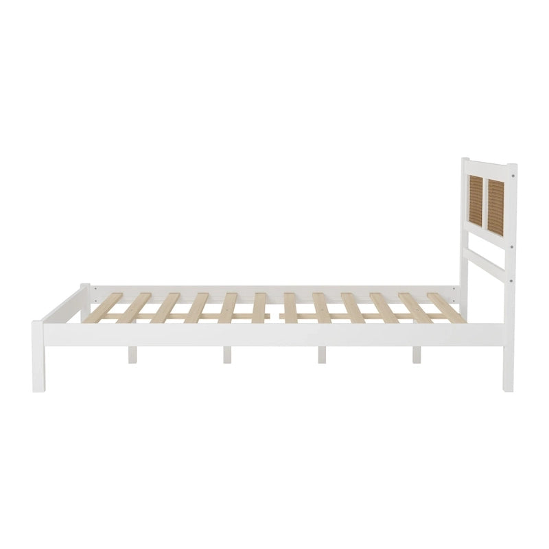 Lit plateforme en rotin naturel noir/blanc avec lattes en bois, style bohème, grand lit/très grand lit, 2 personnes