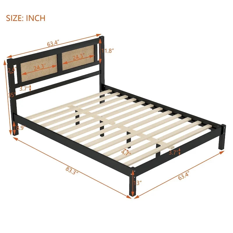 Lit plateforme en rotin naturel noir/blanc avec lattes en bois, style bohème, grand lit/très grand lit, 2 personnes