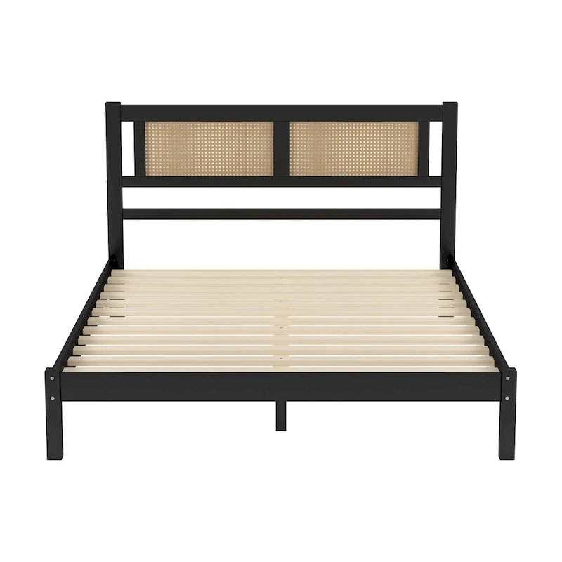 Lit plateforme en rotin naturel noir/blanc avec lattes en bois, style bohème, grand lit/très grand lit, 2 personnes