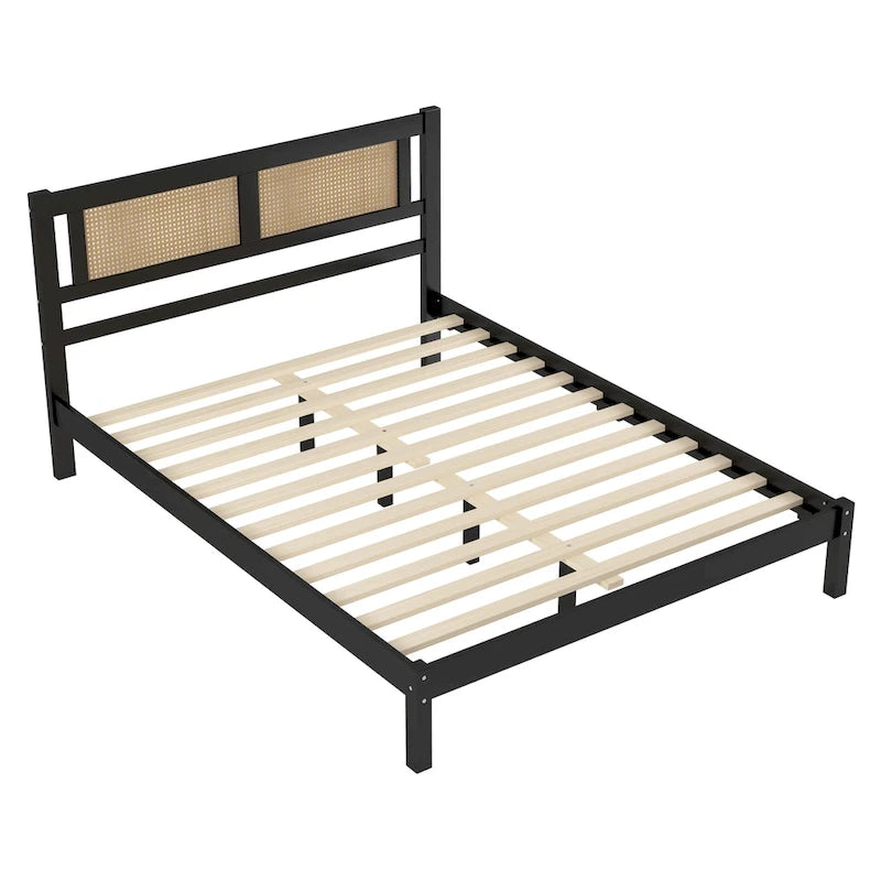 Lit plateforme en rotin naturel noir/blanc avec lattes en bois, style bohème, grand lit/très grand lit, 2 personnes