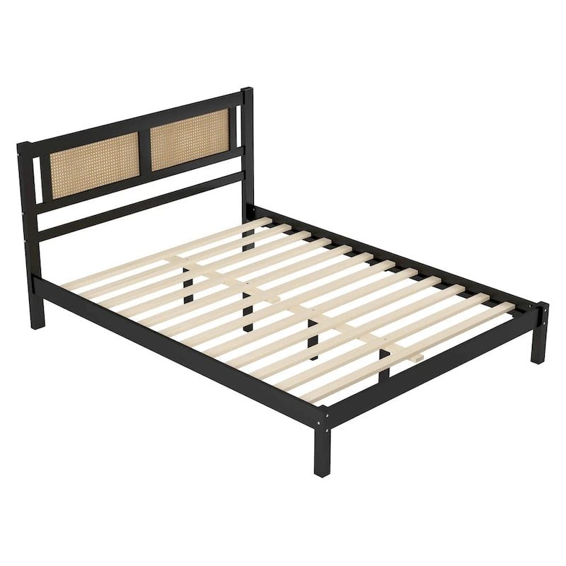 Lit plateforme en rotin naturel noir/blanc avec lattes en bois, style bohème, grand lit/très grand lit, 2 personnes