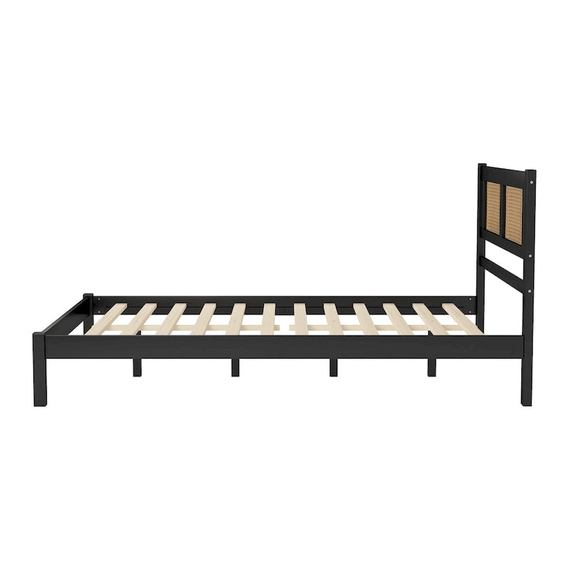 Lit plateforme en rotin naturel noir/blanc avec lattes en bois, style bohème, grand lit/très grand lit, 2 personnes