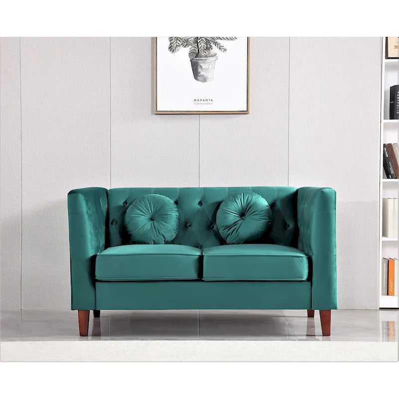 Causeuse Chesterfield en velours avec pieds en bois, 2 places