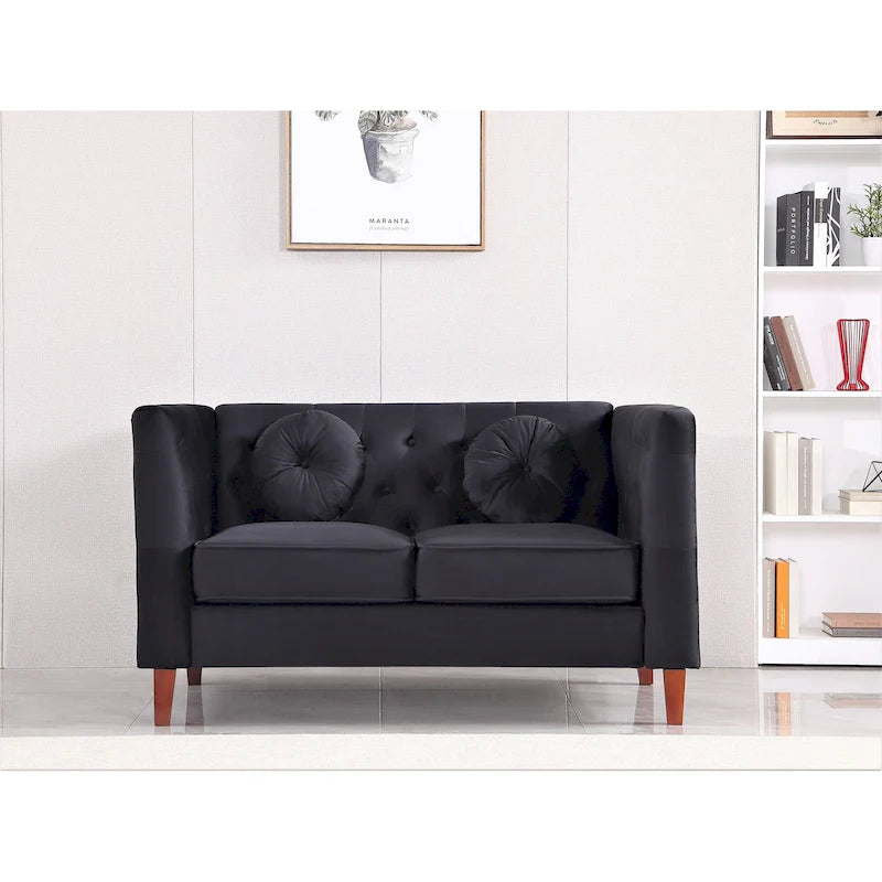 Causeuse Chesterfield en velours avec pieds en bois, 2 places