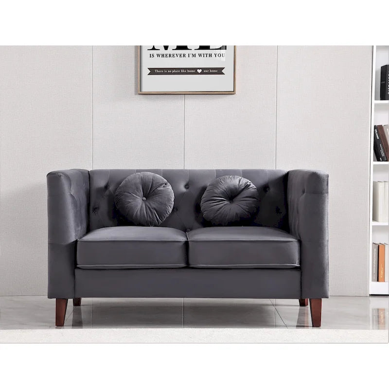 Causeuse Chesterfield en velours avec pieds en bois, 2 places