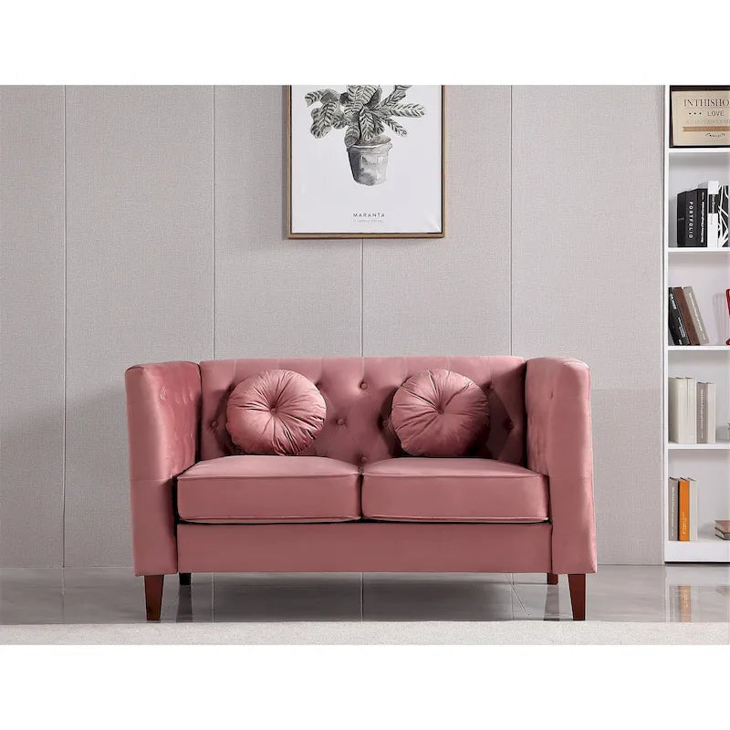 Causeuse Chesterfield en velours avec pieds en bois, 2 places