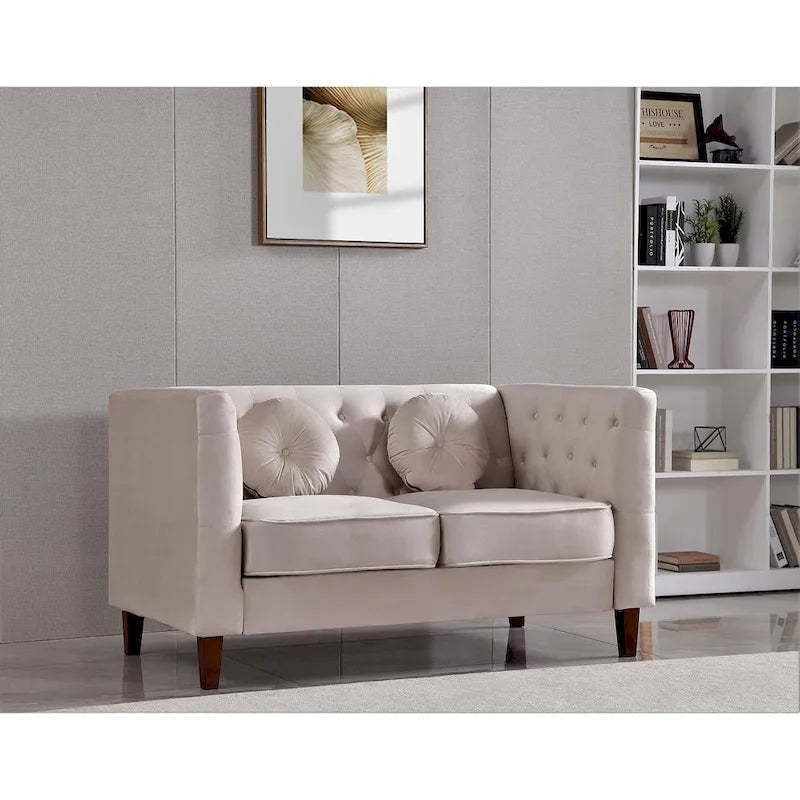 Causeuse Chesterfield en velours avec pieds en bois, 2 places