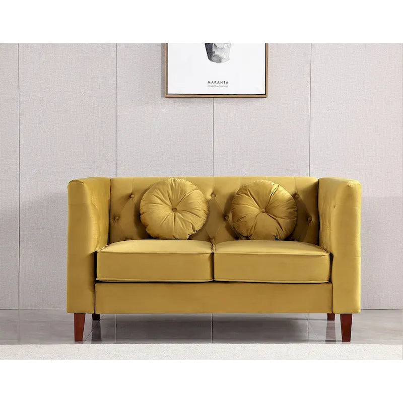 Causeuse Chesterfield en velours avec pieds en bois, 2 places