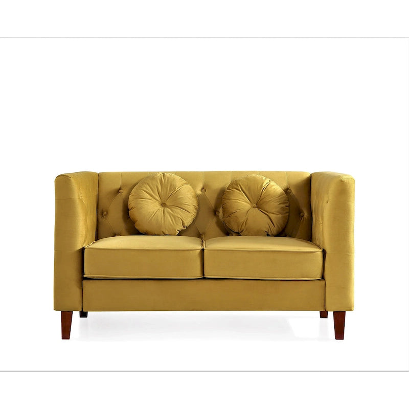 Causeuse Chesterfield en velours avec pieds en bois, 2 places