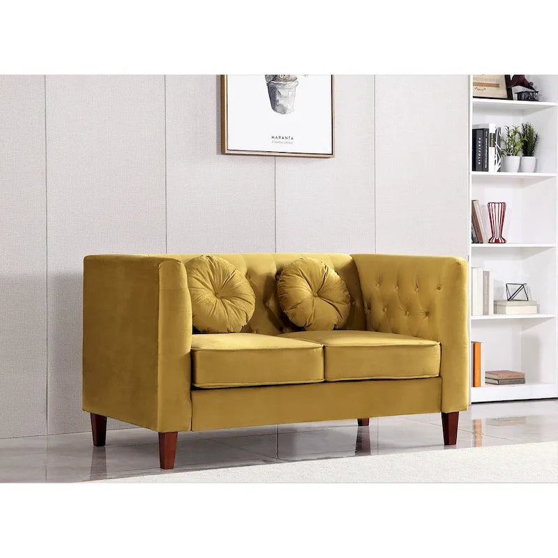 Causeuse Chesterfield en velours avec pieds en bois, 2 places