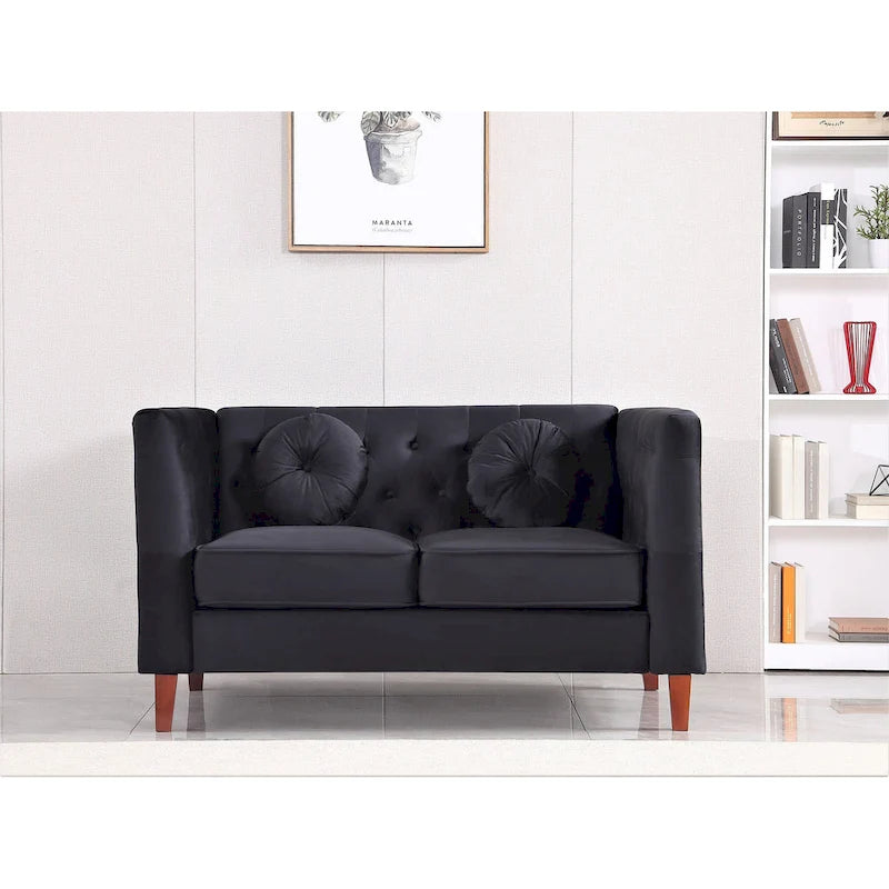 Causeuse Chesterfield en velours avec pieds en bois, 2 places