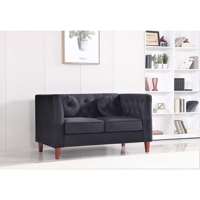 Causeuse Chesterfield en velours avec pieds en bois, 2 places