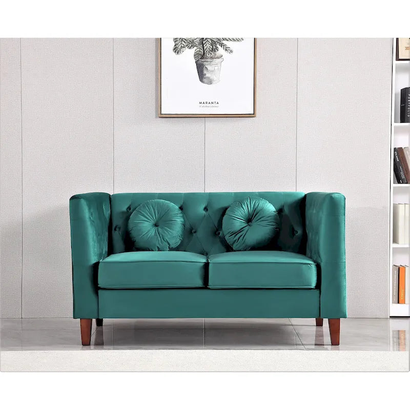 Causeuse Chesterfield en velours avec pieds en bois, 2 places