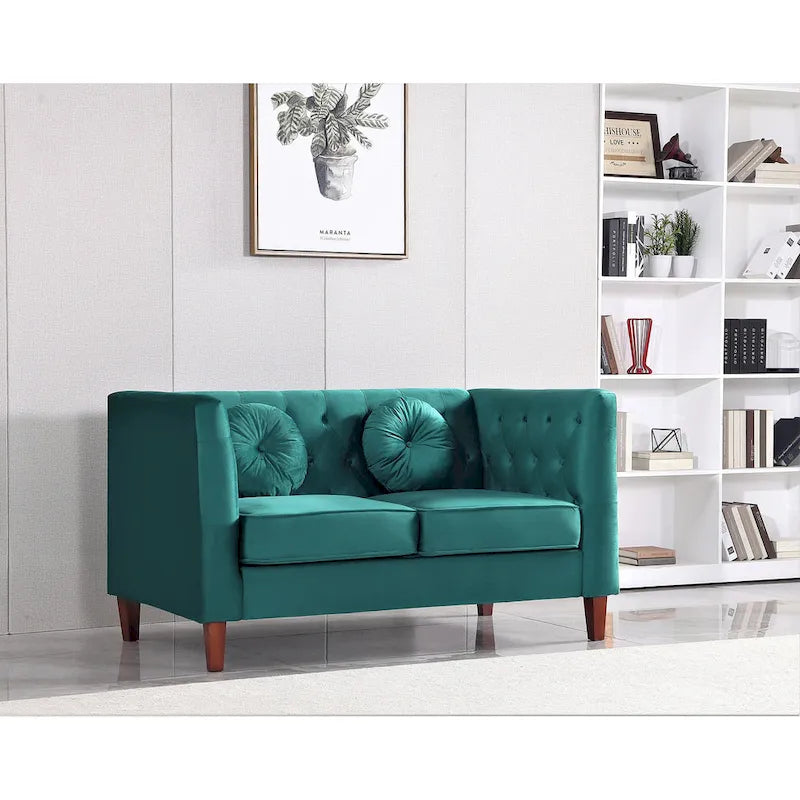 Causeuse Chesterfield en velours avec pieds en bois, 2 places