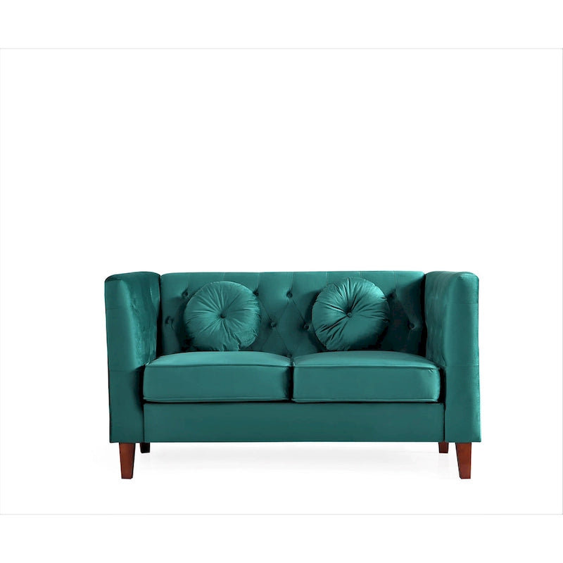 Causeuse Chesterfield en velours avec pieds en bois, 2 places
