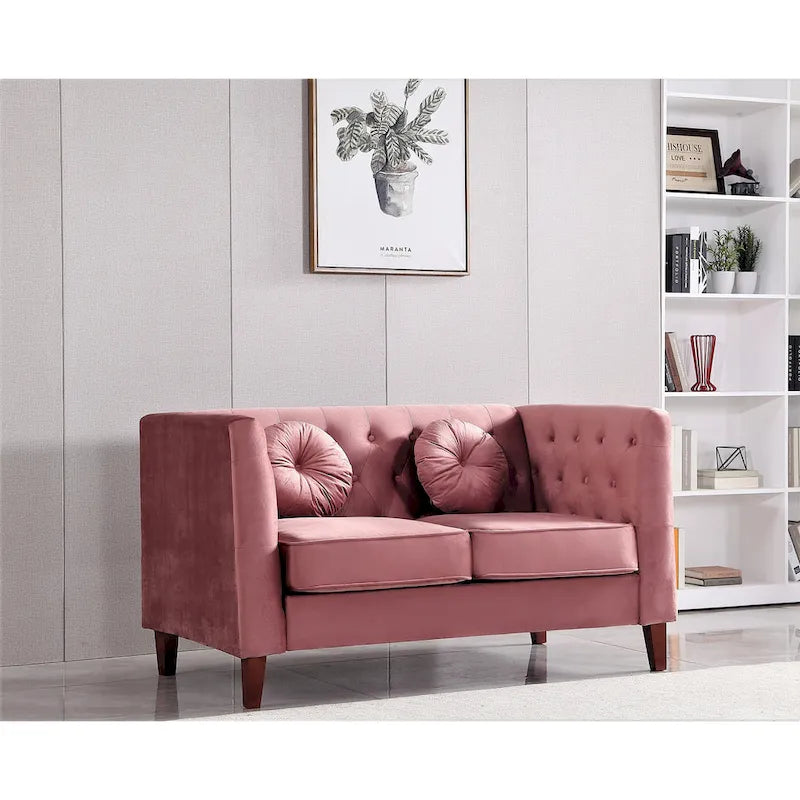 Causeuse Chesterfield en velours avec pieds en bois, 2 places