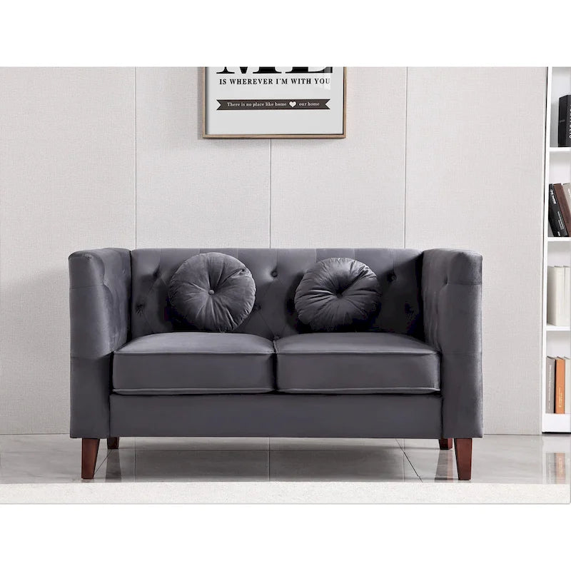 Causeuse Chesterfield en velours avec pieds en bois, 2 places
