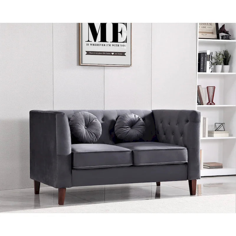 Causeuse Chesterfield en velours avec pieds en bois, 2 places