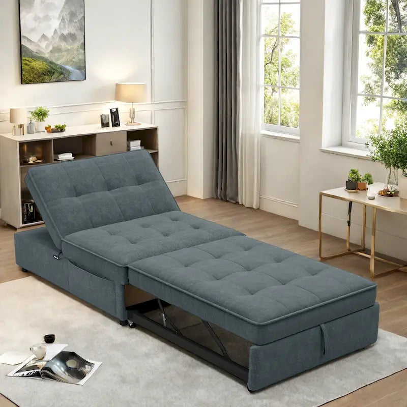 Canapé-lit convertible 4-en-1 en lin bleu foncé / blanc / sarcelle avec dossier réglable sur 5 niveaux et poche latérale USB, 3 places