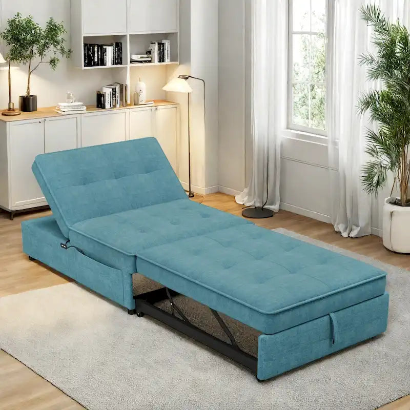 Canapé-lit convertible 4-en-1 en lin bleu foncé / blanc / sarcelle avec dossier réglable sur 5 niveaux et poche latérale USB, 3 places