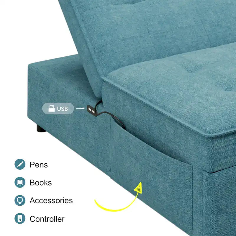 Canapé-lit convertible 4-en-1 en lin bleu foncé / blanc / sarcelle avec dossier réglable sur 5 niveaux et poche latérale USB, 3 places