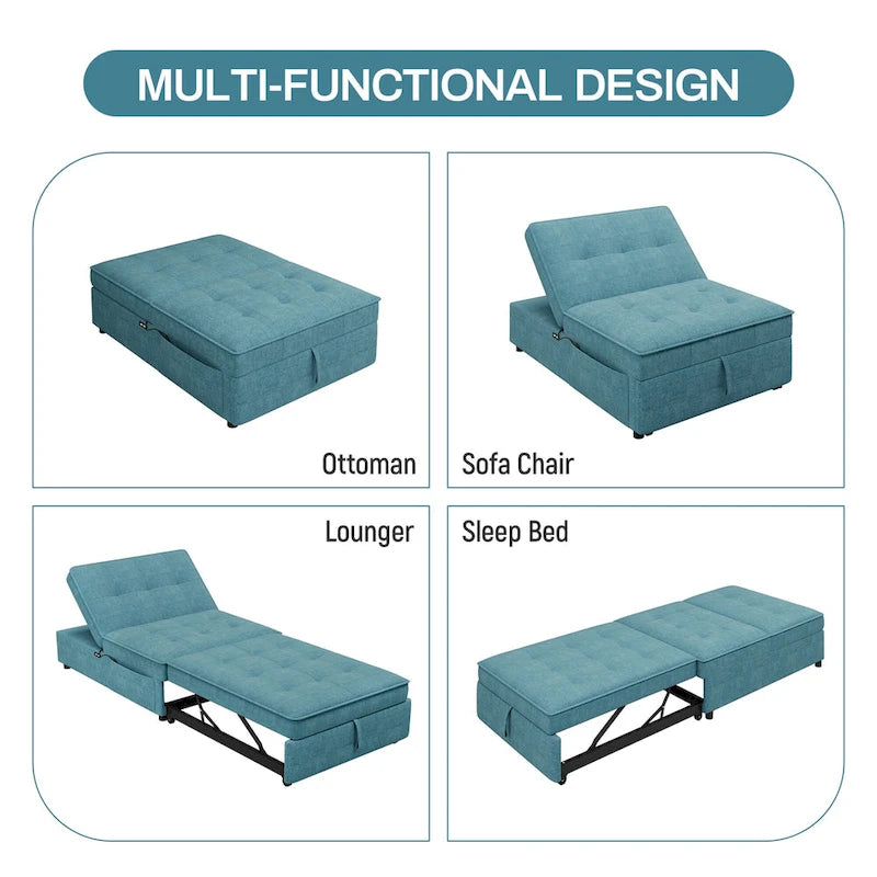 Canapé-lit convertible 4-en-1 en lin bleu foncé / blanc / sarcelle avec dossier réglable sur 5 niveaux et poche latérale USB, 3 places