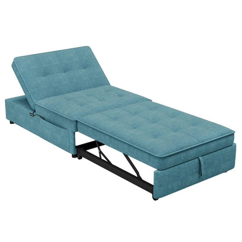 Canapé-lit convertible 4-en-1 en lin bleu foncé / blanc / sarcelle avec dossier réglable sur 5 niveaux et poche latérale USB, 3 places