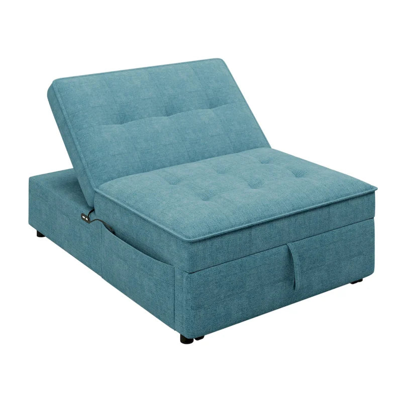 Canapé-lit convertible 4-en-1 en lin bleu foncé / blanc / sarcelle avec dossier réglable sur 5 niveaux et poche latérale USB, 3 places