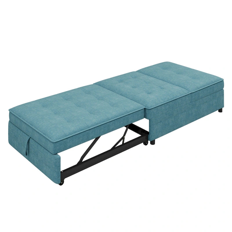 Canapé-lit convertible 4-en-1 en lin bleu foncé / blanc / sarcelle avec dossier réglable sur 5 niveaux et poche latérale USB, 3 places