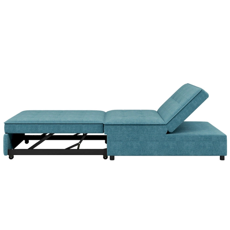 Canapé-lit convertible 4-en-1 en lin bleu foncé / blanc / sarcelle avec dossier réglable sur 5 niveaux et poche latérale USB, 3 places