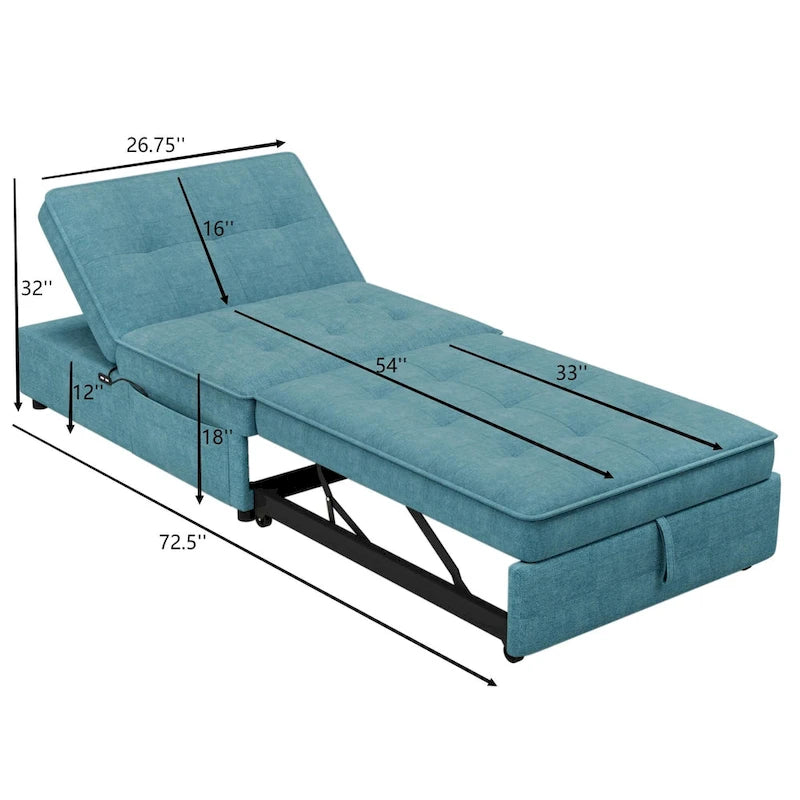 Canapé-lit convertible 4-en-1 en lin bleu foncé / blanc / sarcelle avec dossier réglable sur 5 niveaux et poche latérale USB, 3 places