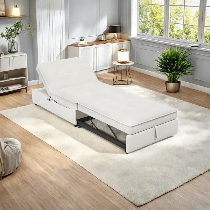 Canapé-lit convertible 4-en-1 en lin bleu foncé / blanc / sarcelle avec dossier réglable sur 5 niveaux et poche latérale USB, 3 places