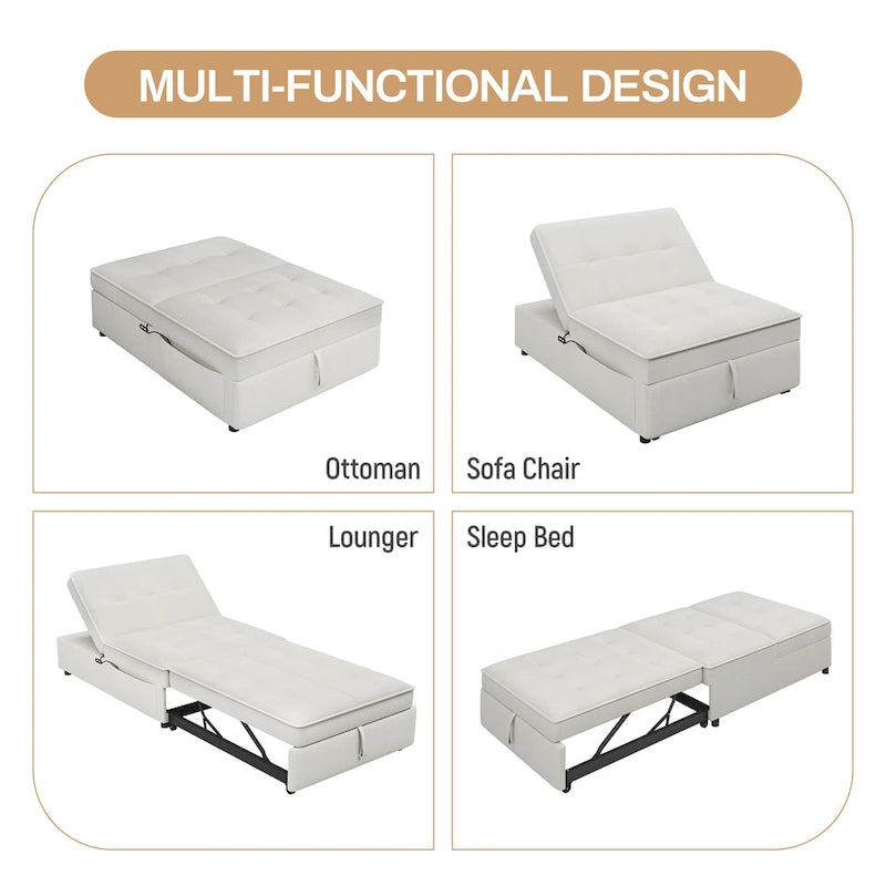 Canapé-lit convertible 4-en-1 en lin bleu foncé / blanc / sarcelle avec dossier réglable sur 5 niveaux et poche latérale USB, 3 places