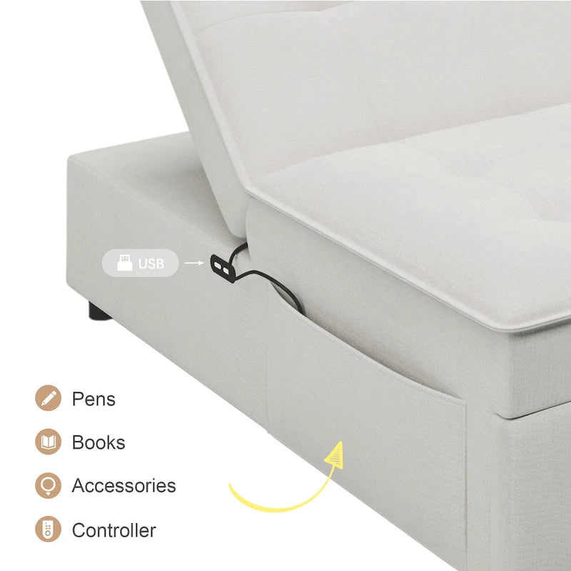 Canapé-lit convertible 4-en-1 en lin bleu foncé / blanc / sarcelle avec dossier réglable sur 5 niveaux et poche latérale USB, 3 places